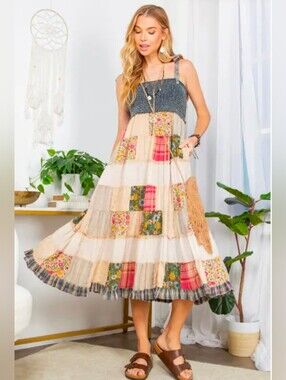 Medium Mismatched Young Threads Latte Patched Maxi Dress-NWT